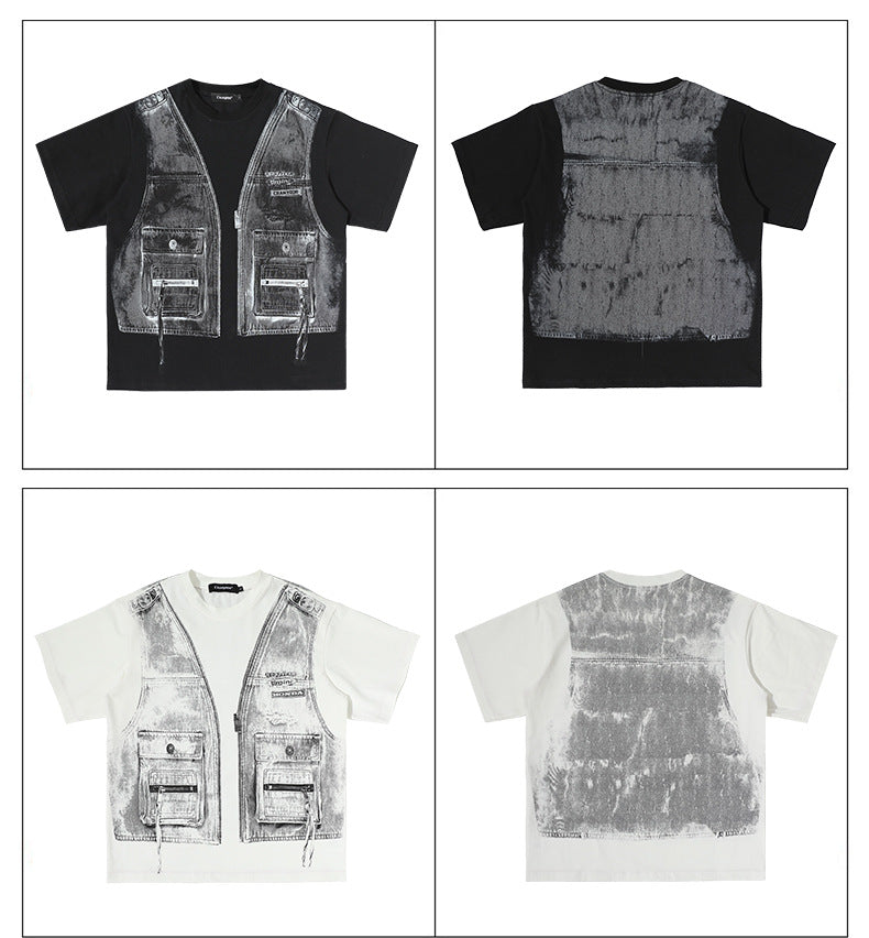 Faux Two Piece Workwear Tee Loose Fit Layered Print T-Shirt
