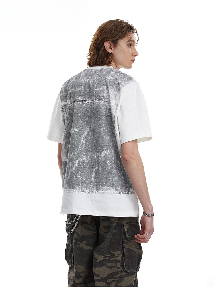 Faux Two Piece Workwear Tee Loose Fit Layered Print T-Shirt