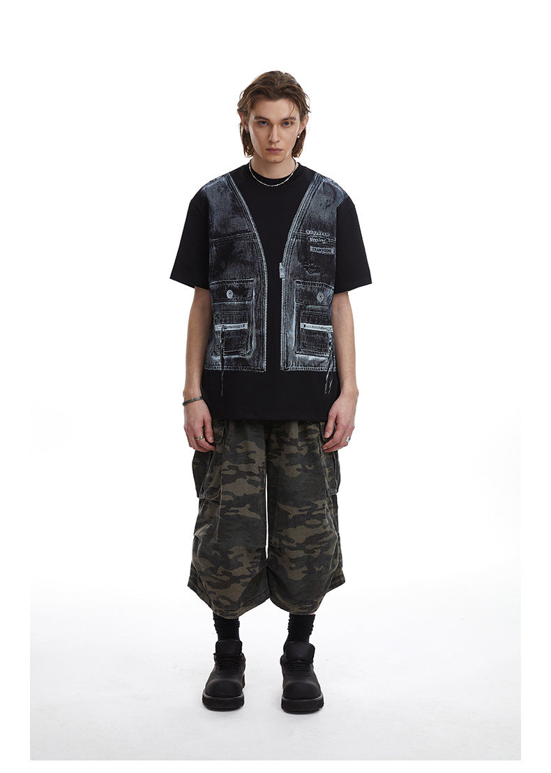 Faux Two Piece Workwear Tee Loose Fit Layered Print T-Shirt