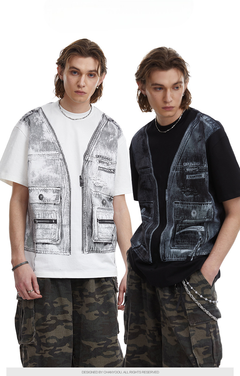 Faux Two Piece Workwear Tee Loose Fit Layered Print T-Shirt