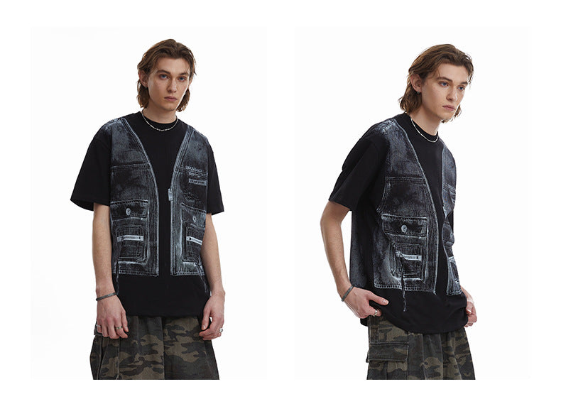 Faux Two Piece Workwear Tee Loose Fit Layered Print T-Shirt