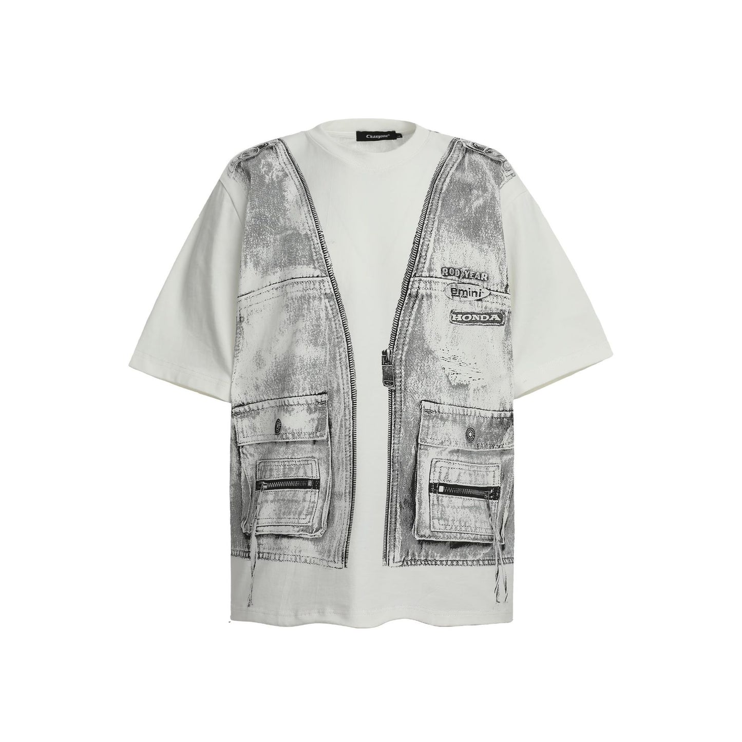 Faux Two Piece Workwear Tee Loose Fit Layered Print T-Shirt
