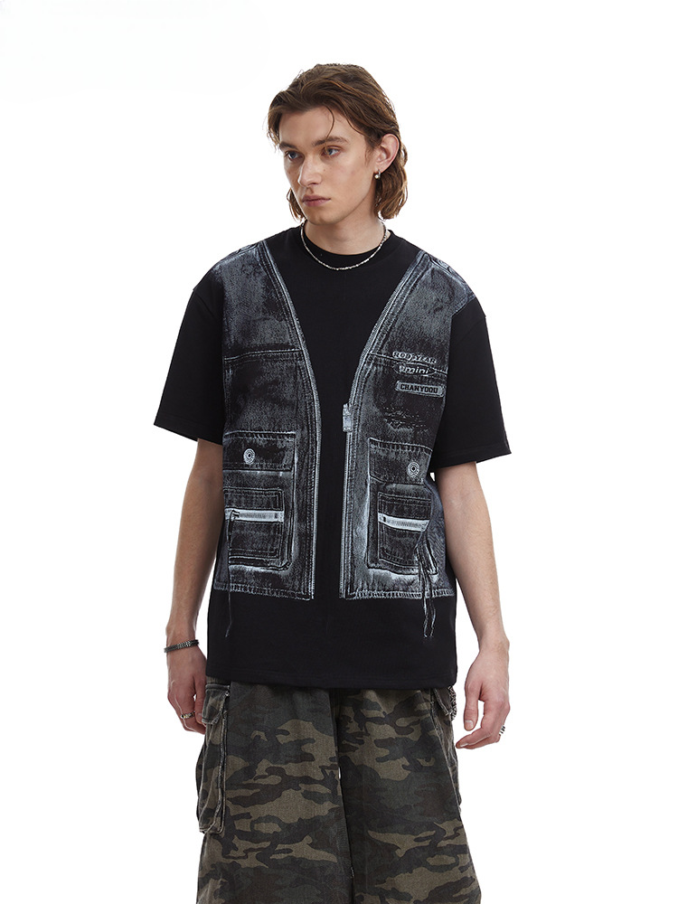 Faux Two Piece Workwear Tee Loose Fit Layered Print T-Shirt
