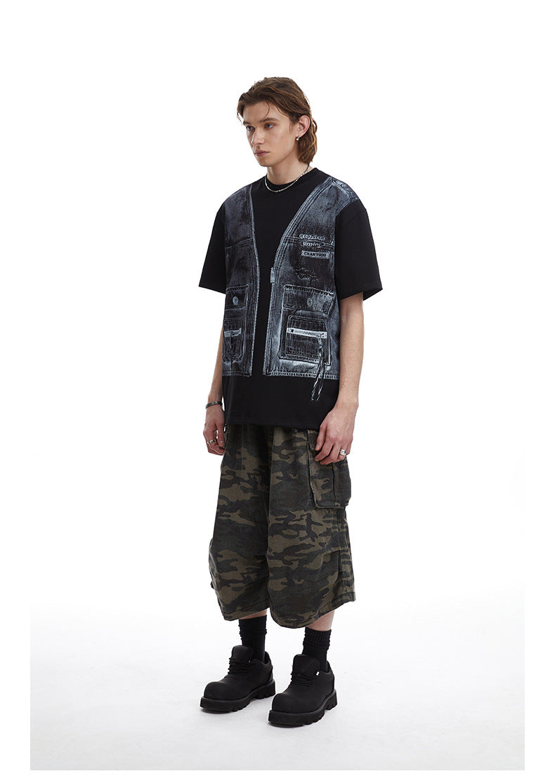 Faux Two Piece Workwear Tee Loose Fit Layered Print T-Shirt