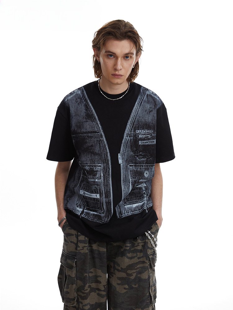 Faux Two Piece Workwear Tee Loose Fit Layered Print T-Shirt