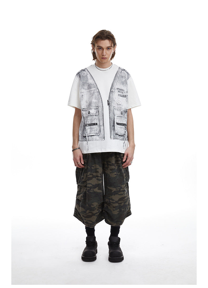 Faux Two Piece Workwear Tee Loose Fit Layered Print T-Shirt