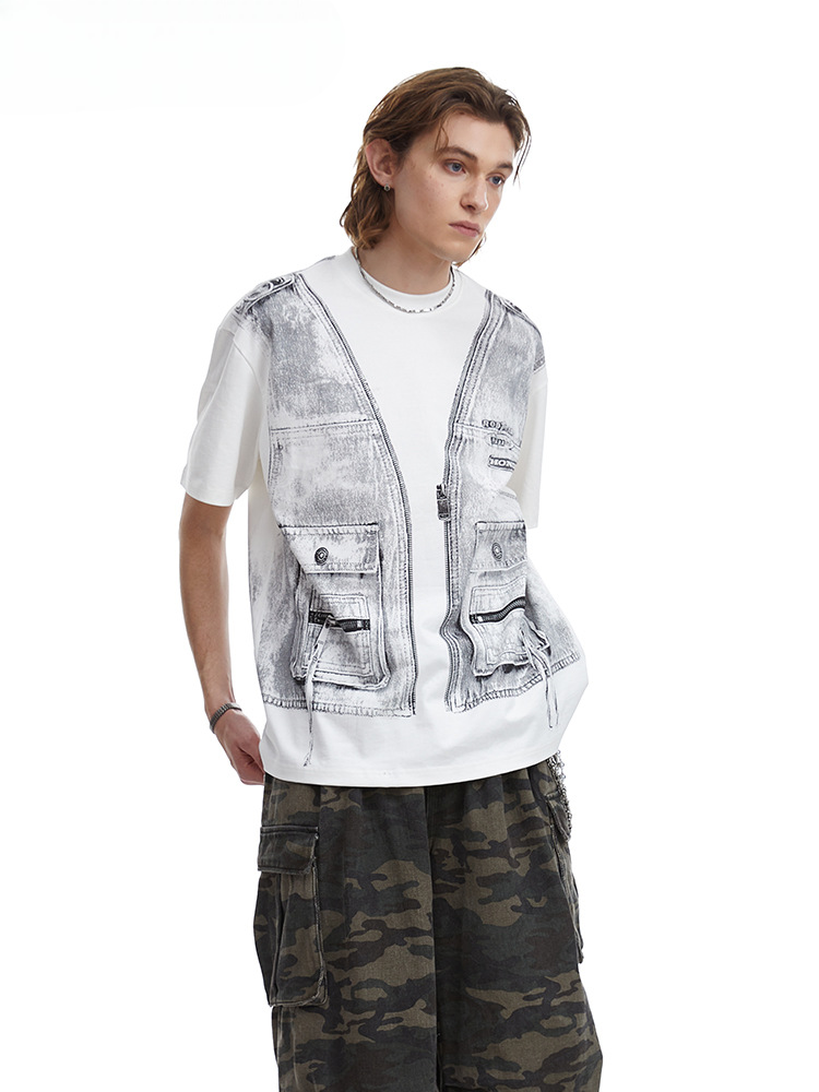 Faux Two Piece Workwear Tee Loose Fit Layered Print T-Shirt