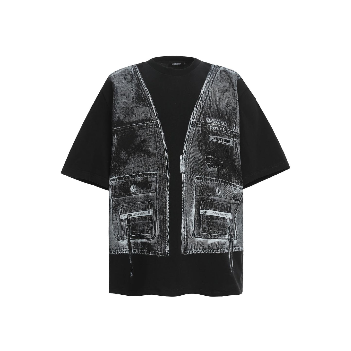Faux Two Piece Workwear Tee Loose Fit Layered Print T-Shirt