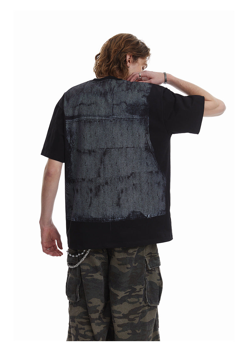 Faux Two Piece Workwear Tee Loose Fit Layered Print T-Shirt