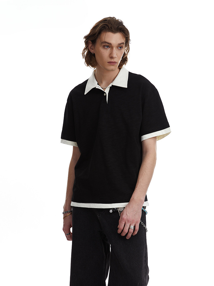 Contrasting Layered Polo Tee Retro Fake Two Piece Collar Tee