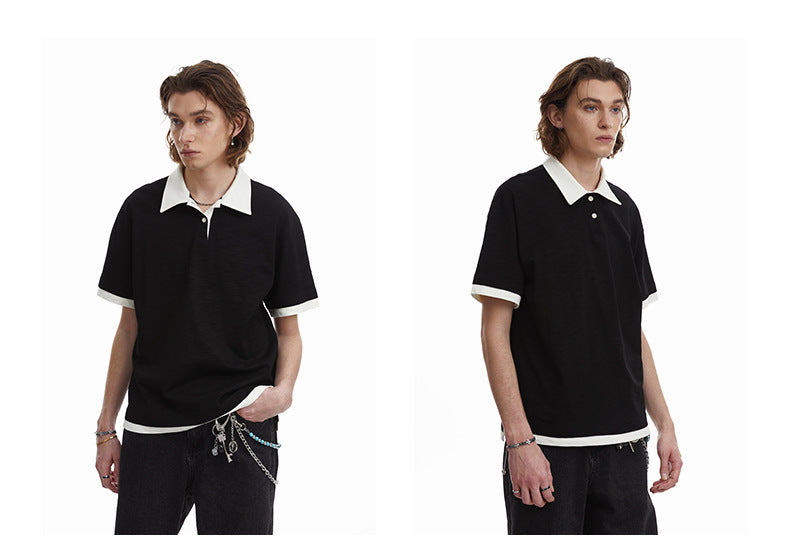 Contrasting Layered Polo Tee Retro Fake Two Piece Collar Tee