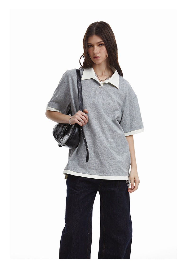 Contrasting Layered Polo Tee Retro Fake Two Piece Collar Tee