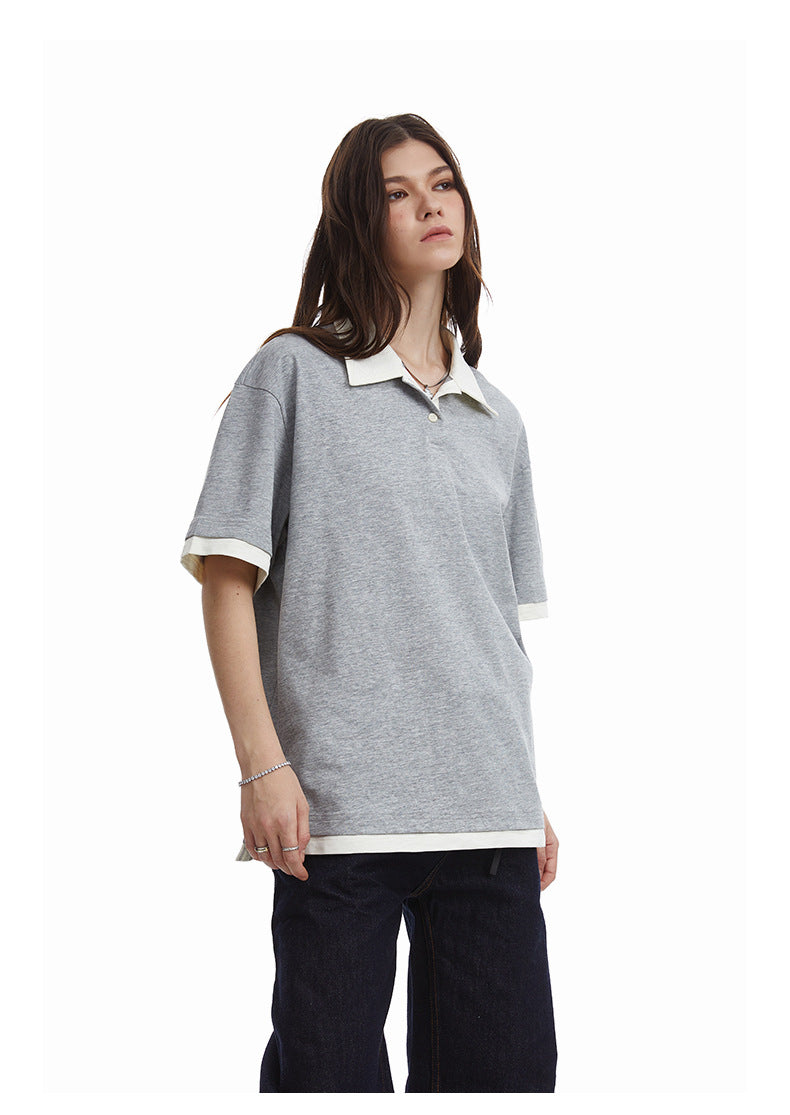 Contrasting Layered Polo Tee Retro Fake Two Piece Collar Tee