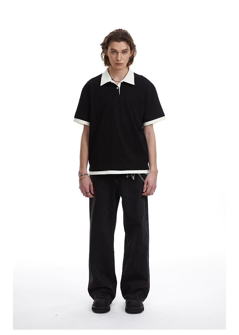 Contrasting Layered Polo Tee Retro Fake Two Piece Collar Tee