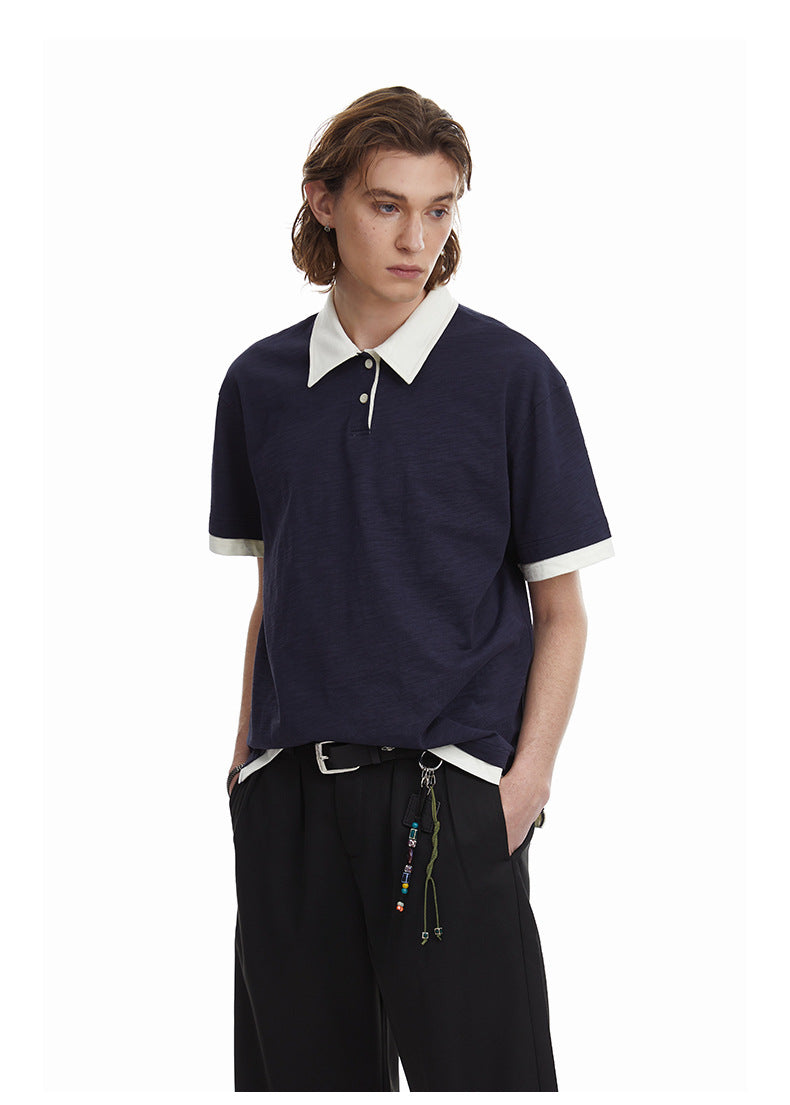 Contrasting Layered Polo Tee Retro Fake Two Piece Collar Tee