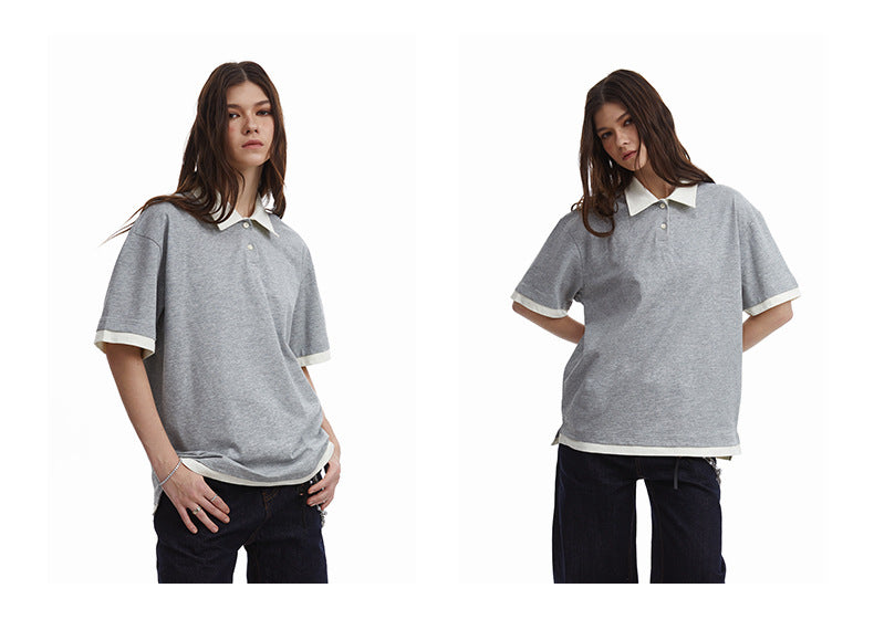 Contrasting Layered Polo Tee Retro Fake Two Piece Collar Tee