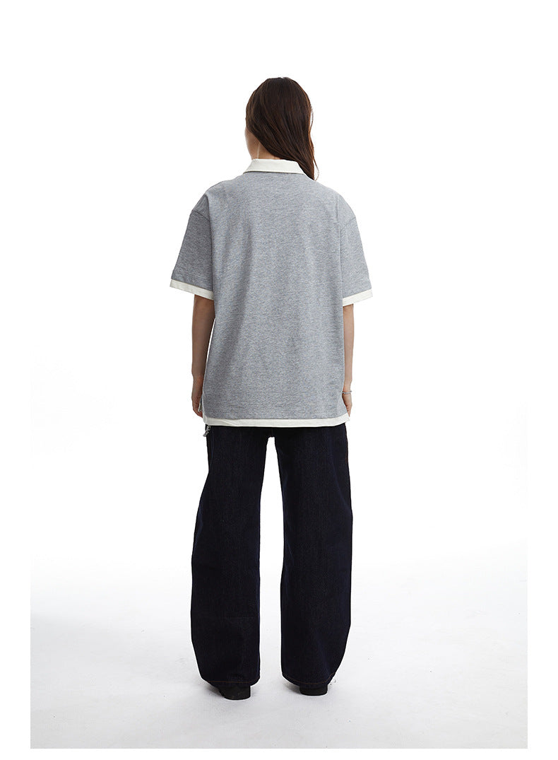 Contrasting Layered Polo Tee Retro Fake Two Piece Collar Tee