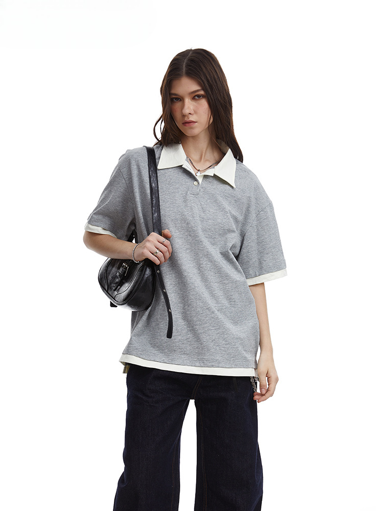 Contrasting Layered Polo Tee Retro Fake Two Piece Collar Tee