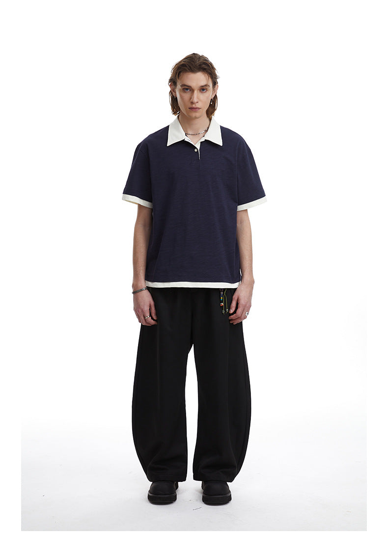 Contrasting Layered Polo Tee Retro Fake Two Piece Collar Tee
