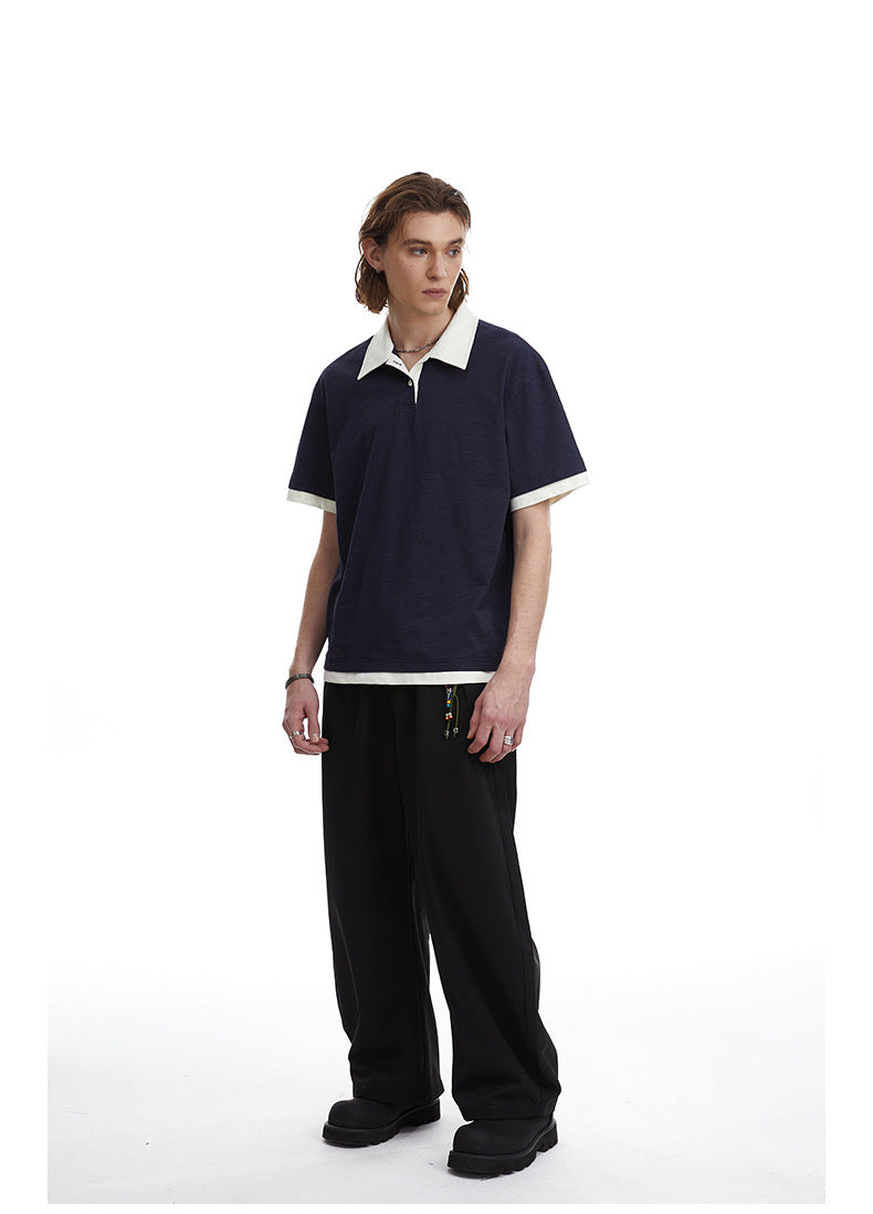 Contrasting Layered Polo Tee Retro Fake Two Piece Collar Tee