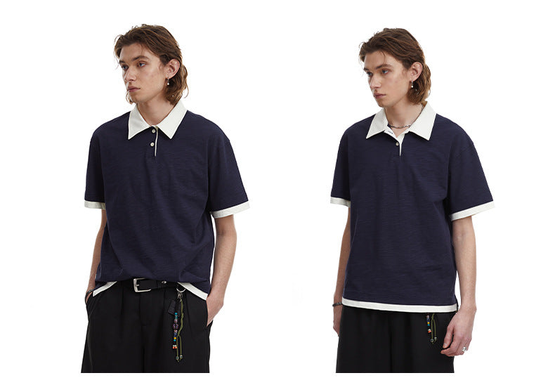 Contrasting Layered Polo Tee Retro Fake Two Piece Collar Tee