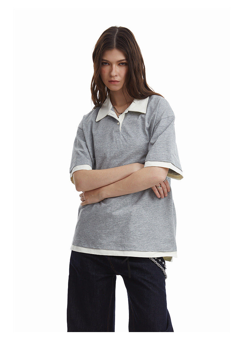 Contrasting Layered Polo Tee Retro Fake Two Piece Collar Tee