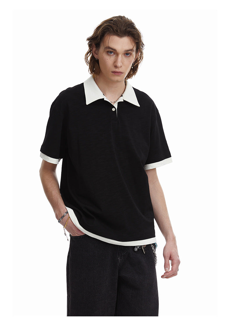 Contrasting Layered Polo Tee Retro Fake Two Piece Collar Tee