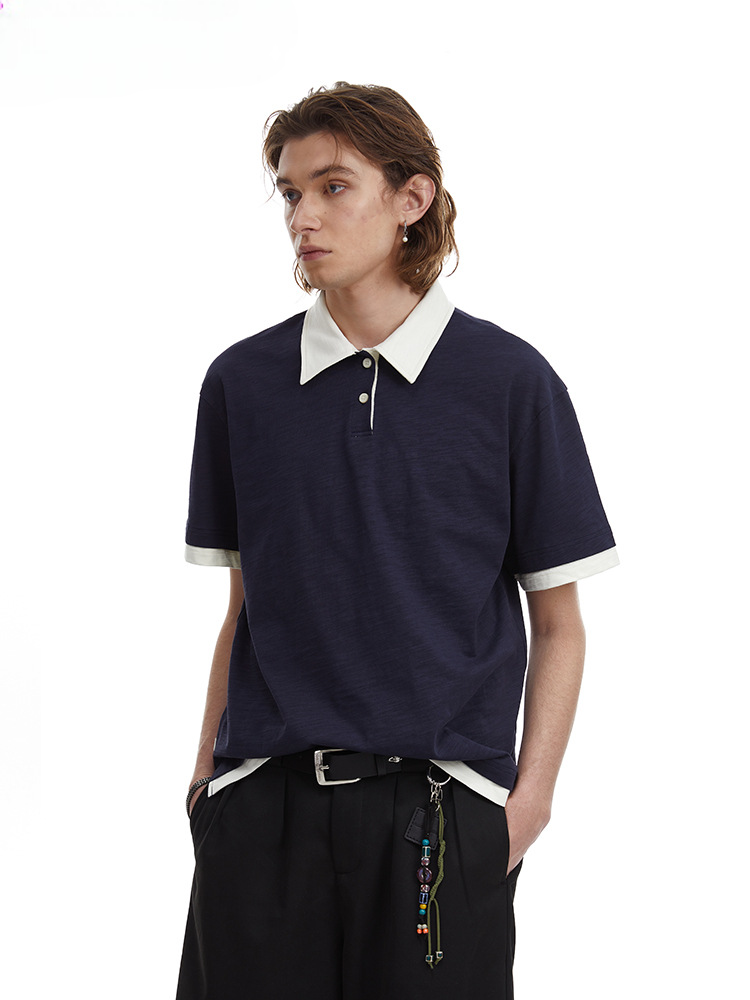 Contrasting Layered Polo Tee Retro Fake Two Piece Collar Tee