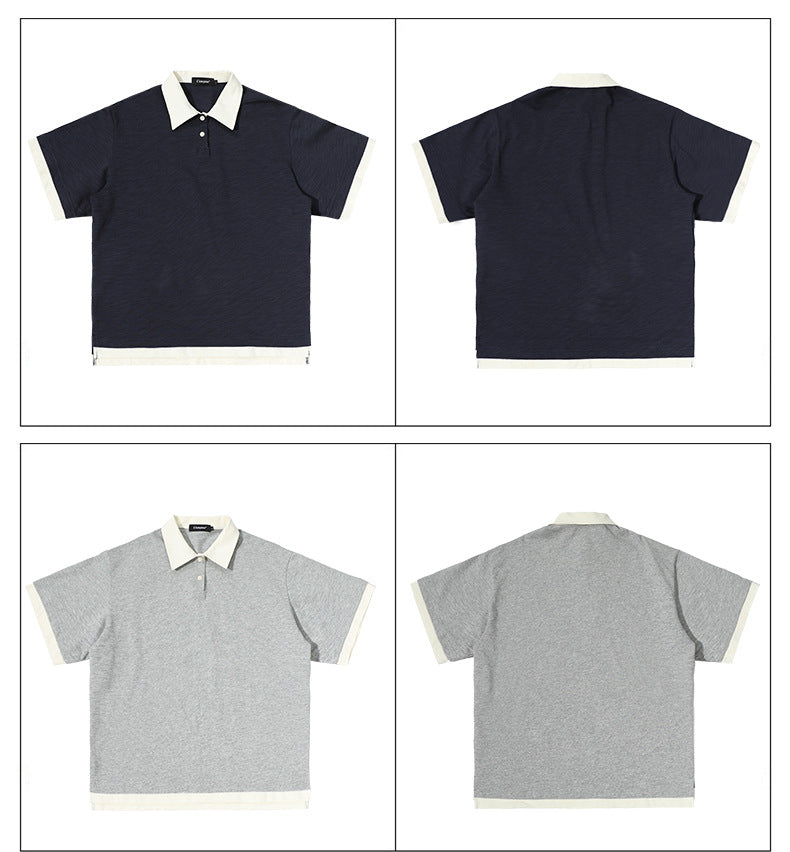 Contrasting Layered Polo Tee Retro Fake Two Piece Collar Tee