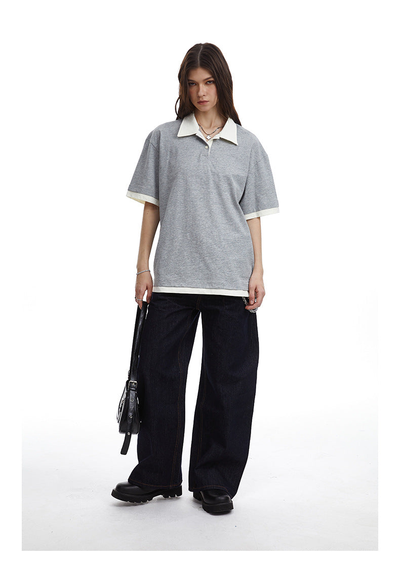 Contrasting Layered Polo Tee Retro Fake Two Piece Collar Tee