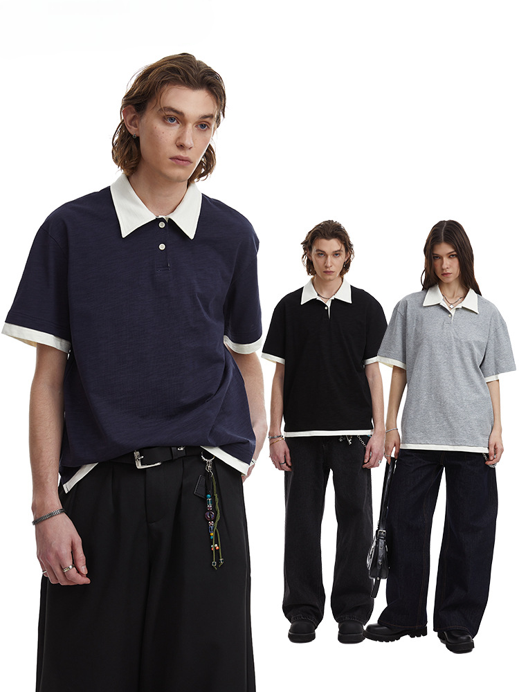 Contrasting Layered Polo Tee Retro Fake Two Piece Collar Tee
