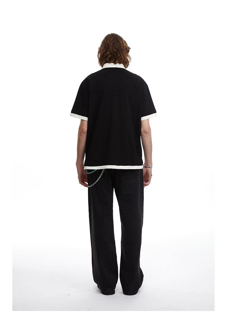 Contrasting Layered Polo Tee Retro Fake Two Piece Collar Tee
