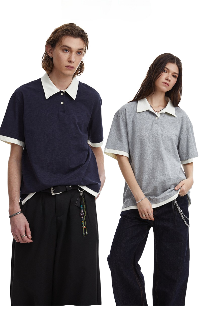 Contrasting Layered Polo Tee Retro Fake Two Piece Collar Tee