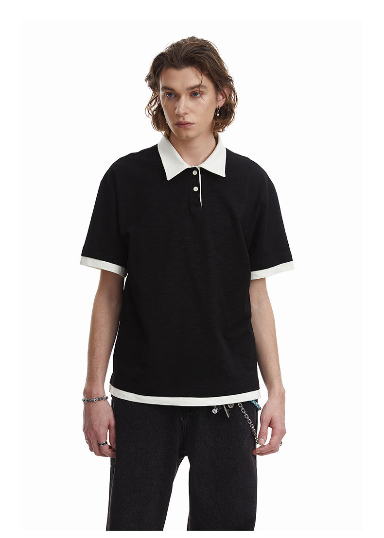 Contrasting Layered Polo Tee Retro Fake Two Piece Collar Tee