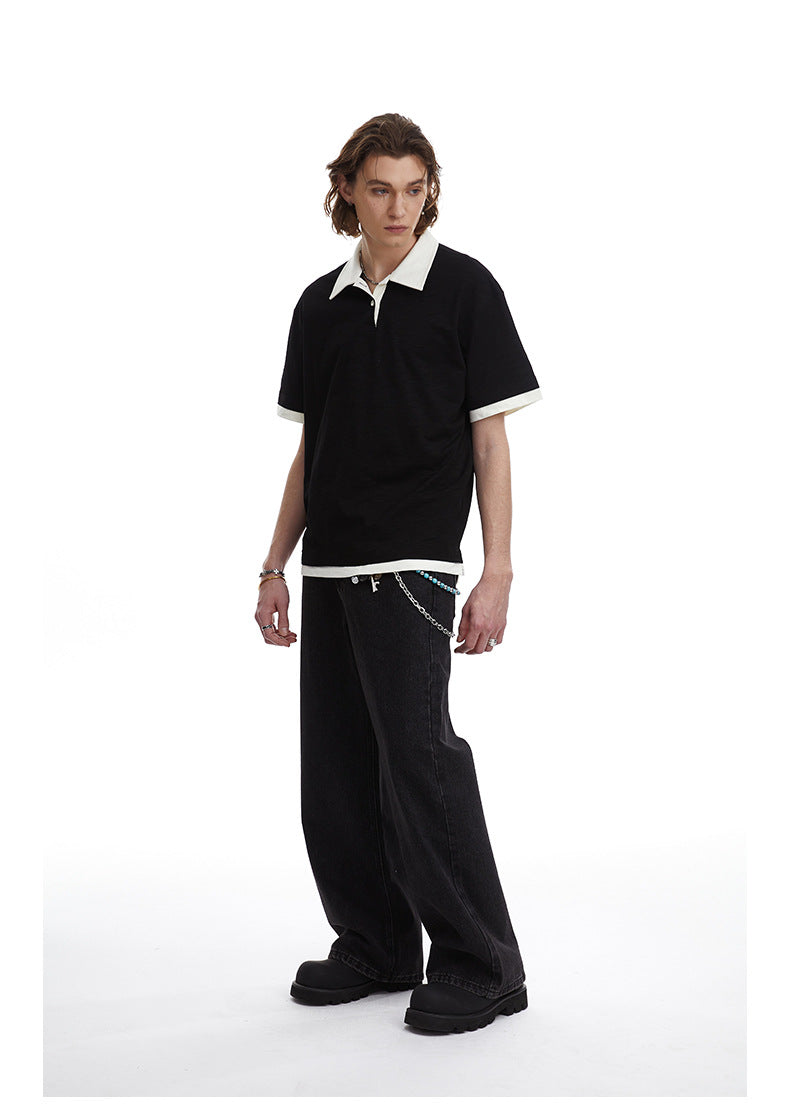 Contrasting Layered Polo Tee Retro Fake Two Piece Collar Tee