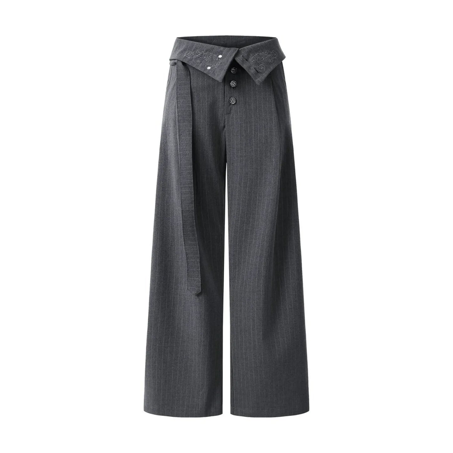 Pleated Pinstripe Suit Pants with Embroidered Fold Over Waist