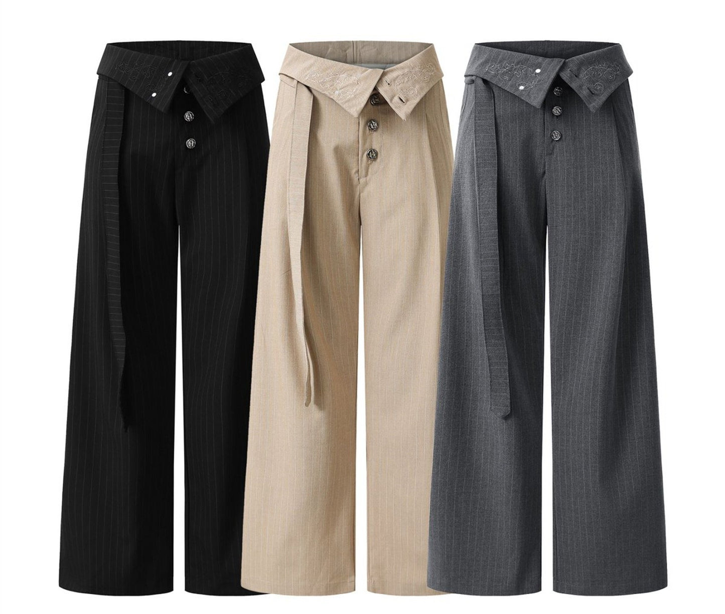 Pleated Pinstripe Suit Pants with Embroidered Fold Over Waist