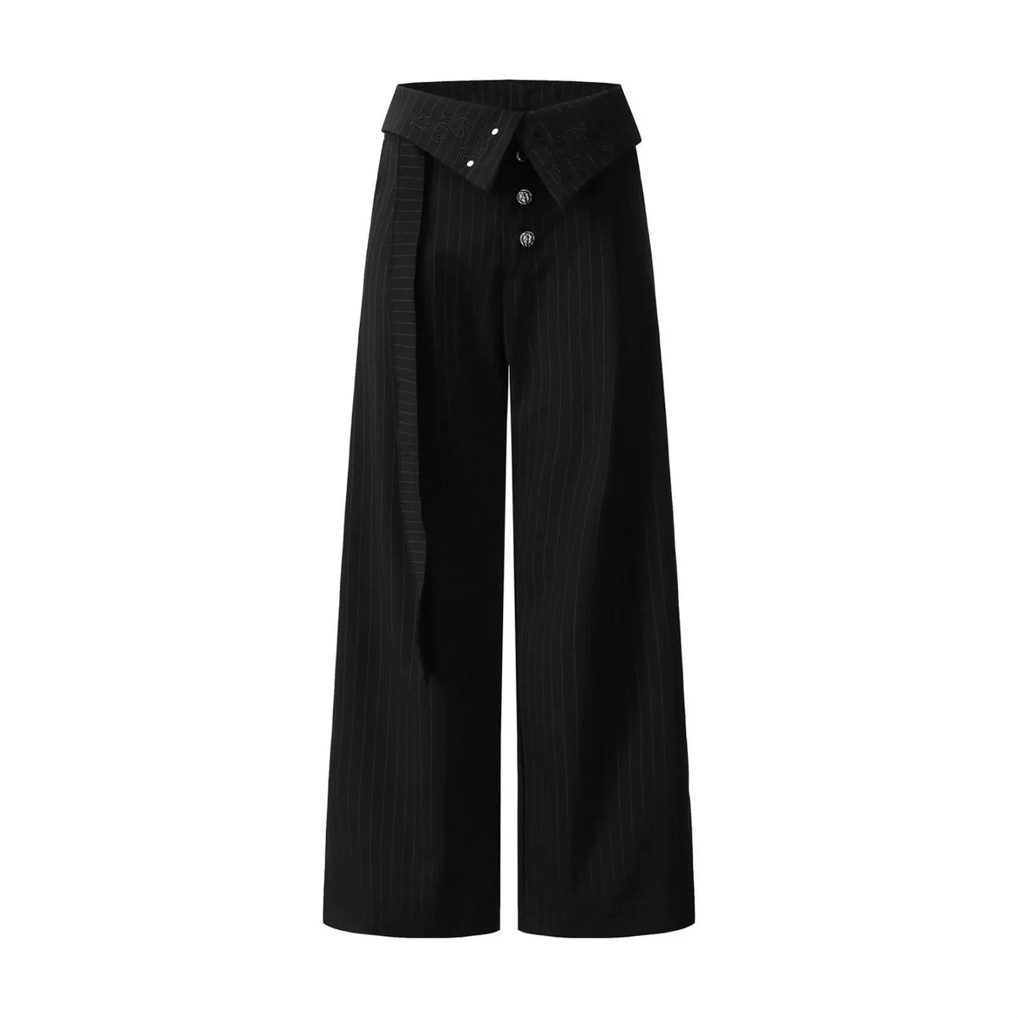 Pleated Pinstripe Suit Pants with Embroidered Fold Over Waist