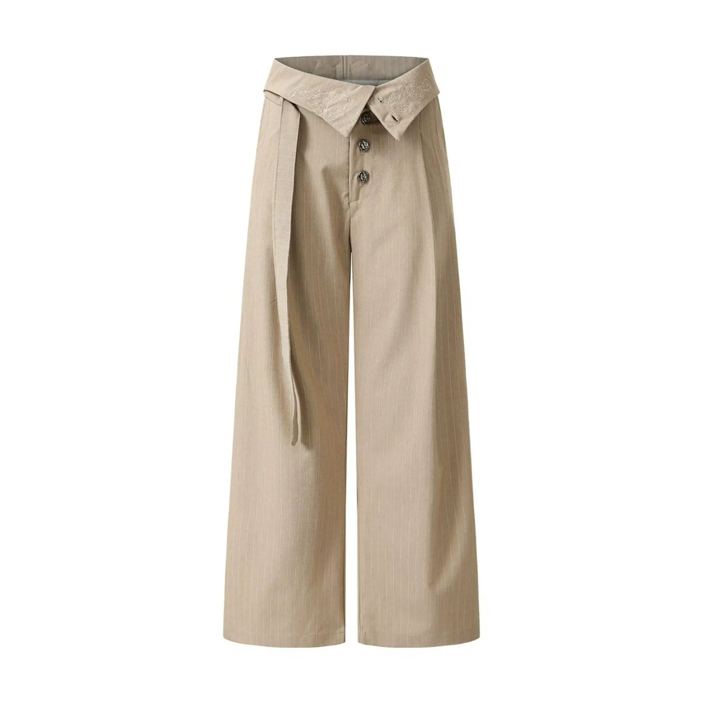 Pleated Pinstripe Suit Pants with Embroidered Fold Over Waist