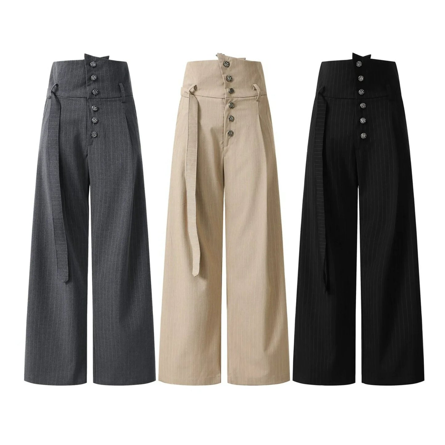 Pleated Pinstripe Suit Pants with Embroidered Fold Over Waist