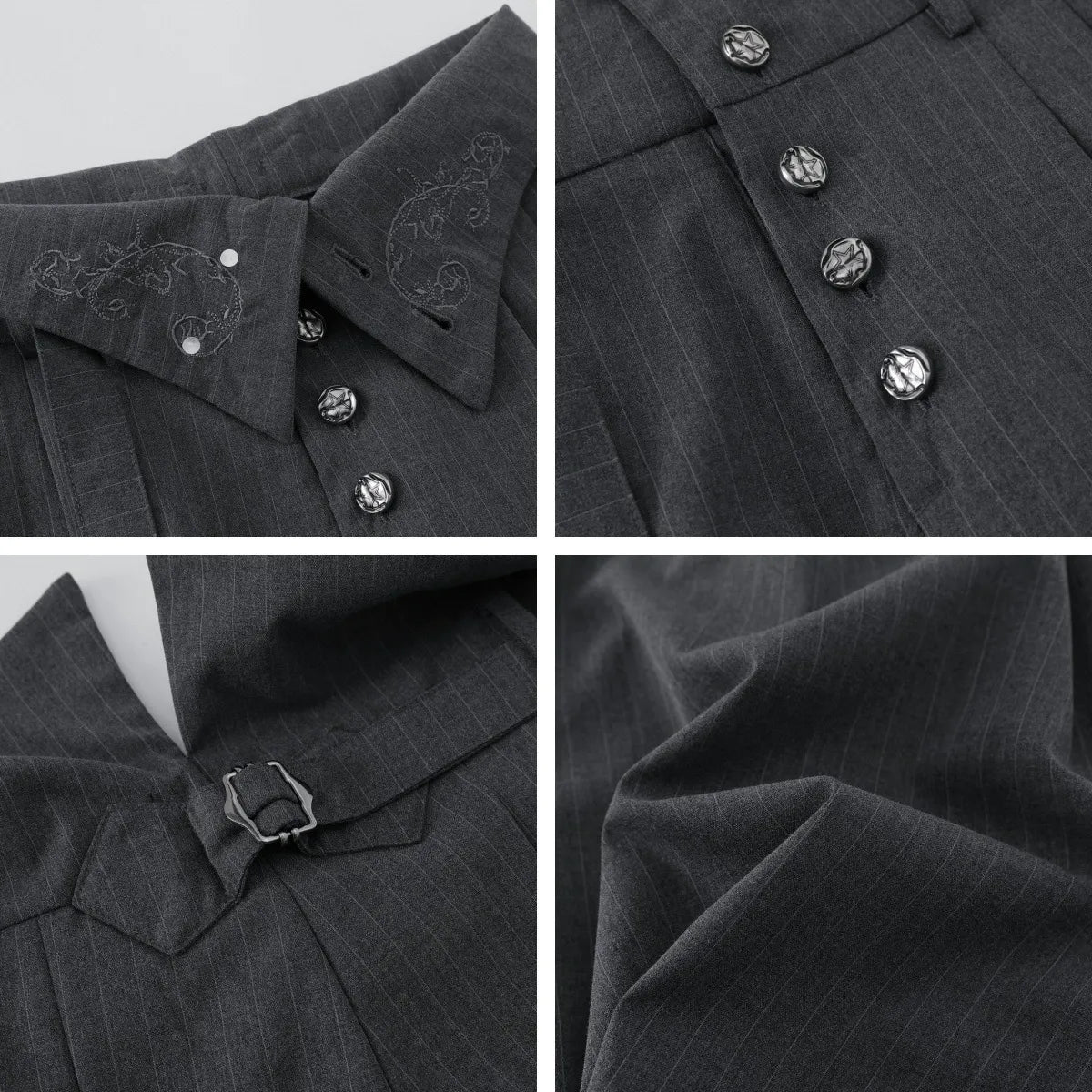 Pleated Pinstripe Suit Pants with Embroidered Fold Over Waist