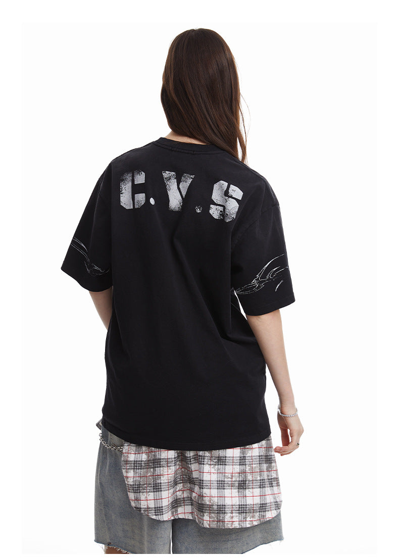 Relaxed Fit Streetwear Graphic Tee Distressed Mottled Print T-shirt