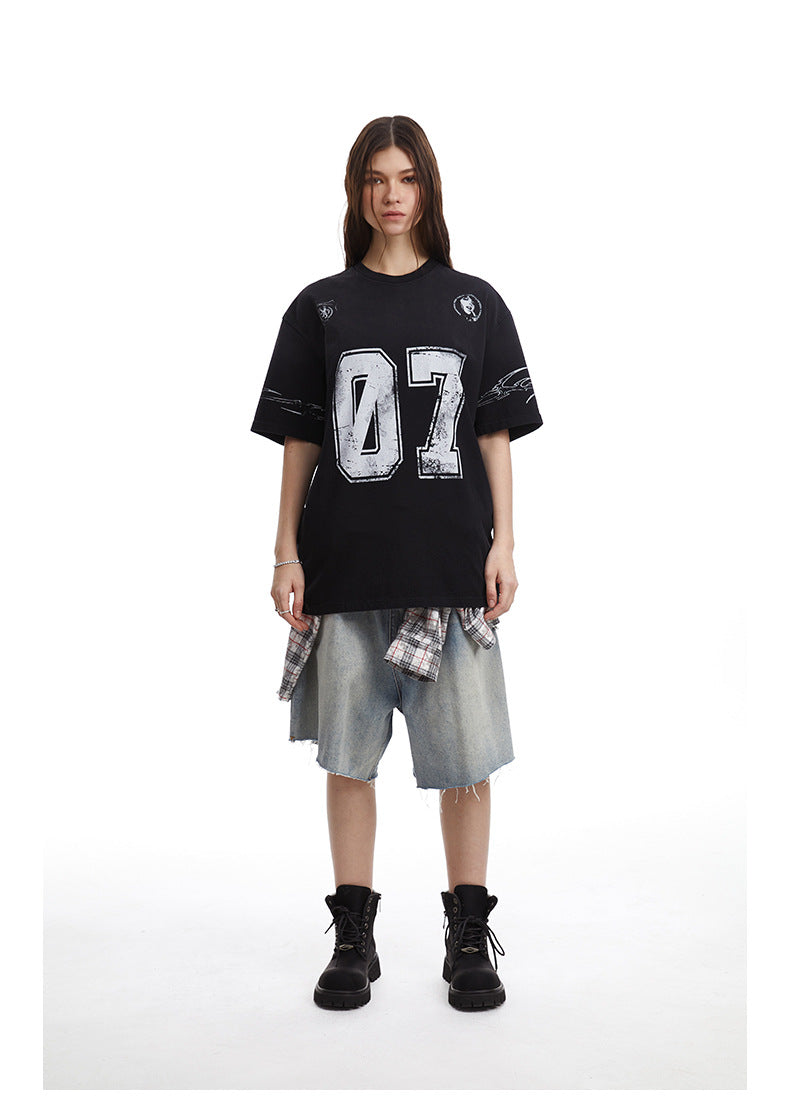 Relaxed Fit Streetwear Graphic Tee Distressed Mottled Print T-shirt