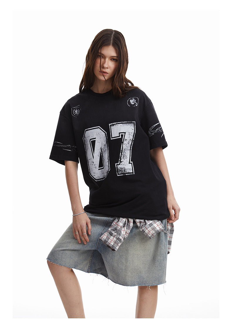 Relaxed Fit Streetwear Graphic Tee Distressed Mottled Print T-shirt