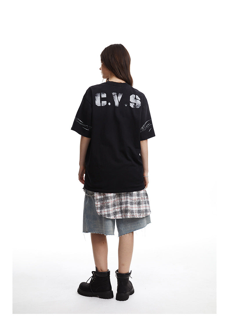 Relaxed Fit Streetwear Graphic Tee Distressed Mottled Print T-shirt