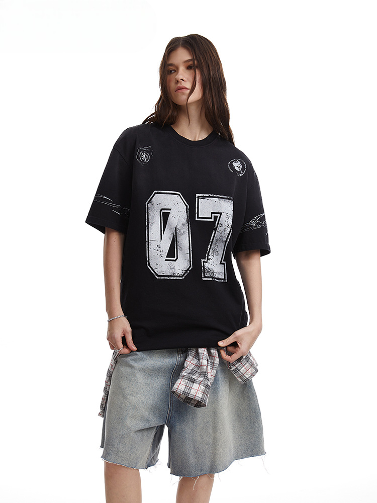 Relaxed Fit Streetwear Graphic Tee Distressed Mottled Print T-shirt