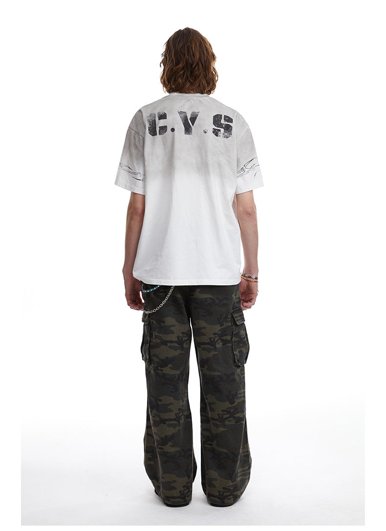 Relaxed Fit Streetwear Graphic Tee Distressed Mottled Print T-shirt