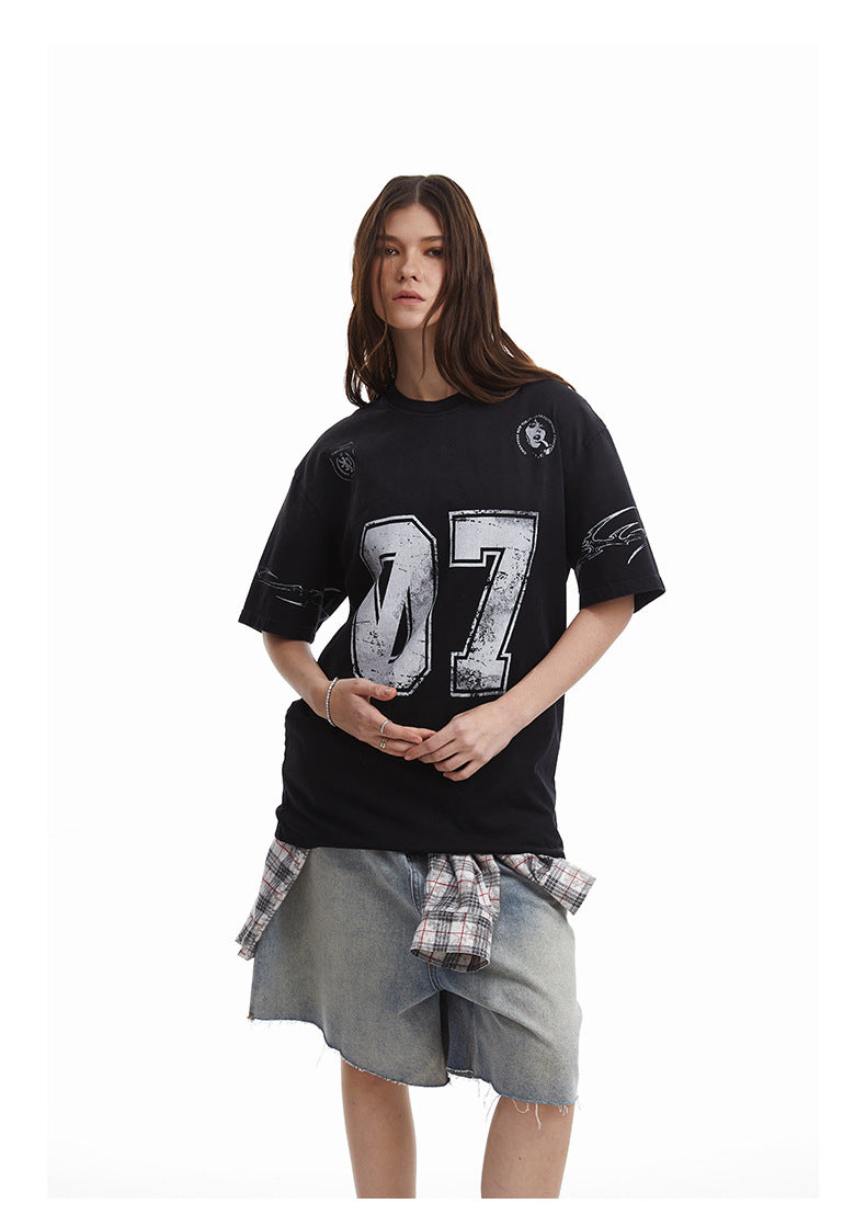 Relaxed Fit Streetwear Graphic Tee Distressed Mottled Print T-shirt