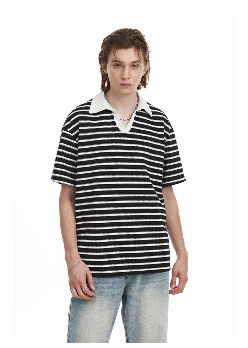 Relaxed Fit Striped Polo Shirt Men's Vintage Contrast Collar Top