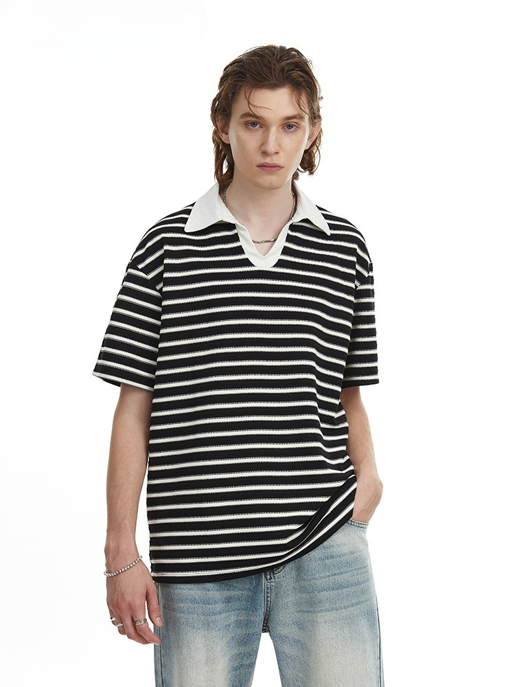 Relaxed Fit Striped Polo Shirt Men's Vintage Contrast Collar Top
